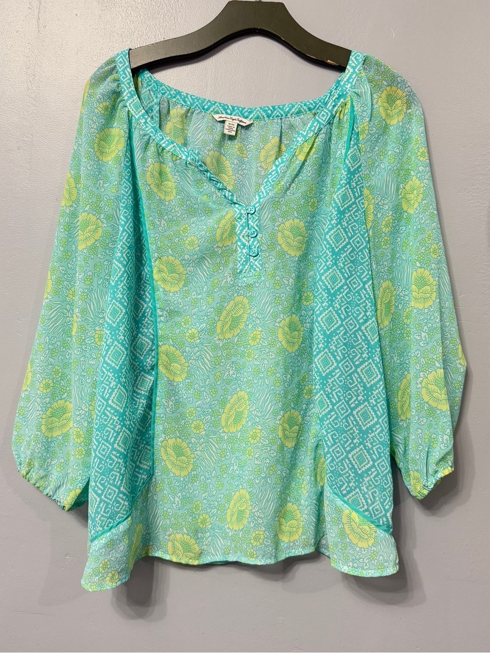 #17) American Eagle Outfitters Aqua and Lime Floral Peasant Sheer Top